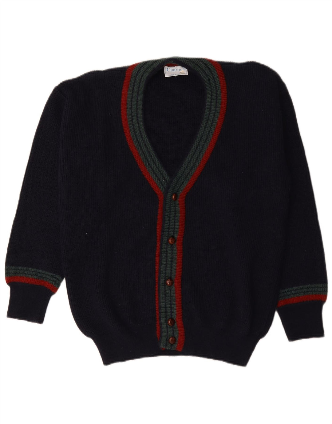 Vintage hombres Cardigan suéter IT 48 medio azul marino rayas lana