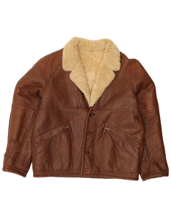 Chaqueta de piel de oveja vintage para hombre IT 52 XL cuero marrón
