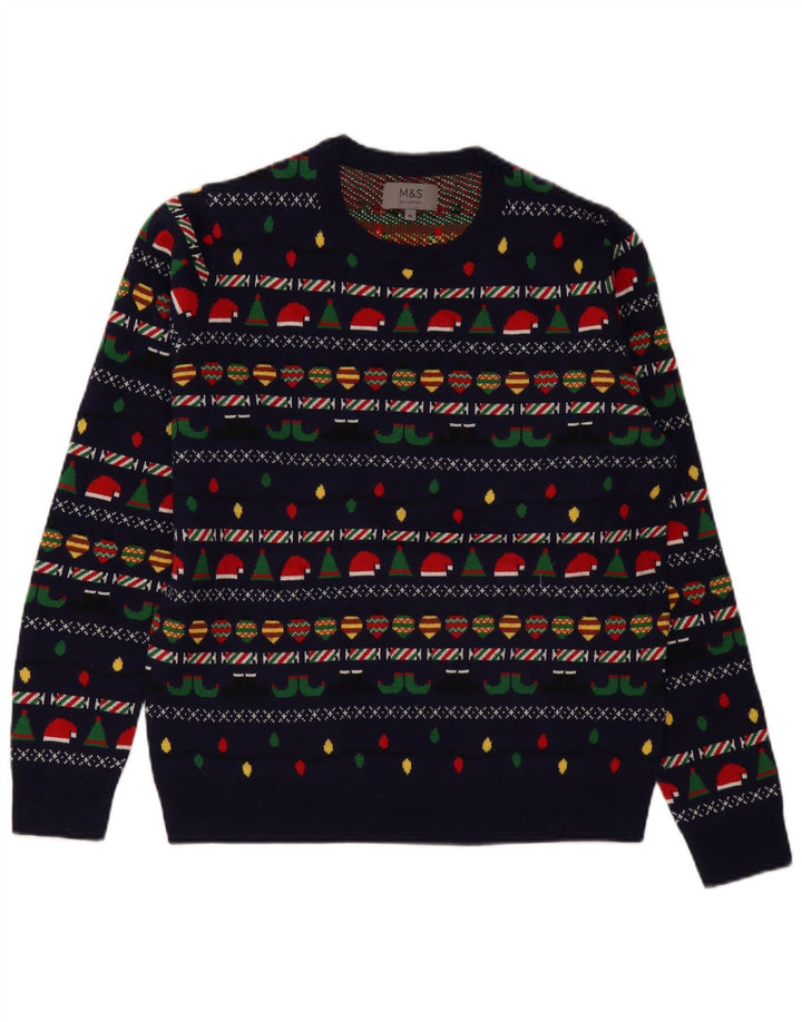 Marks & Spencer - Jersey de cuello redondo para hombre, color azul marino mediano, Navidad
