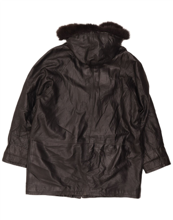 Vintage mujeres suelta ajuste abrigo de cuero con capucha Reino Unido 18 XL cuero negro