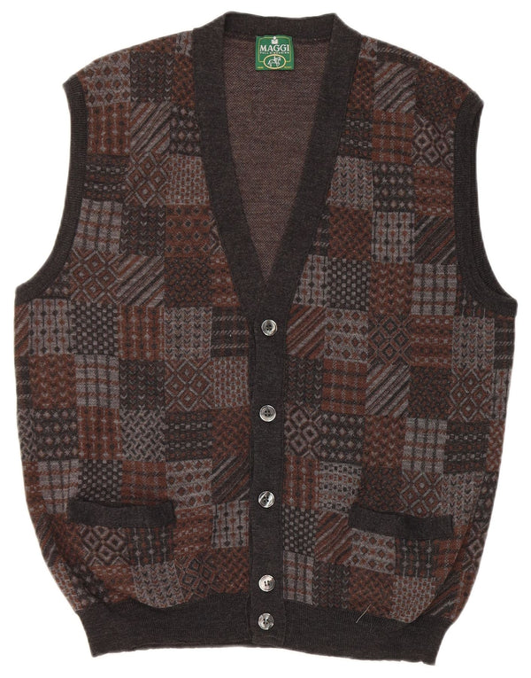 Vintage hombres sin mangas Cardigan suéter medio gris geométrico lana virgen
