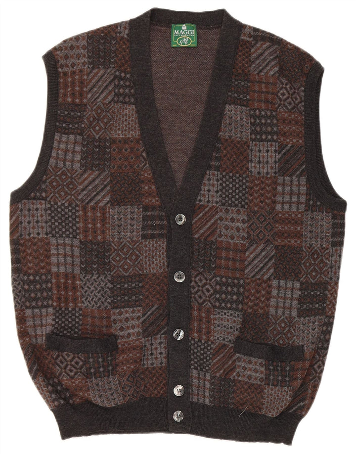 Vintage hombres sin mangas Cardigan suéter medio gris geométrico lana virgen