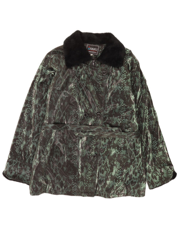 Vintage mujer doble pecho abrigo Reino Unido 18 XL verde animal impresión poliéster