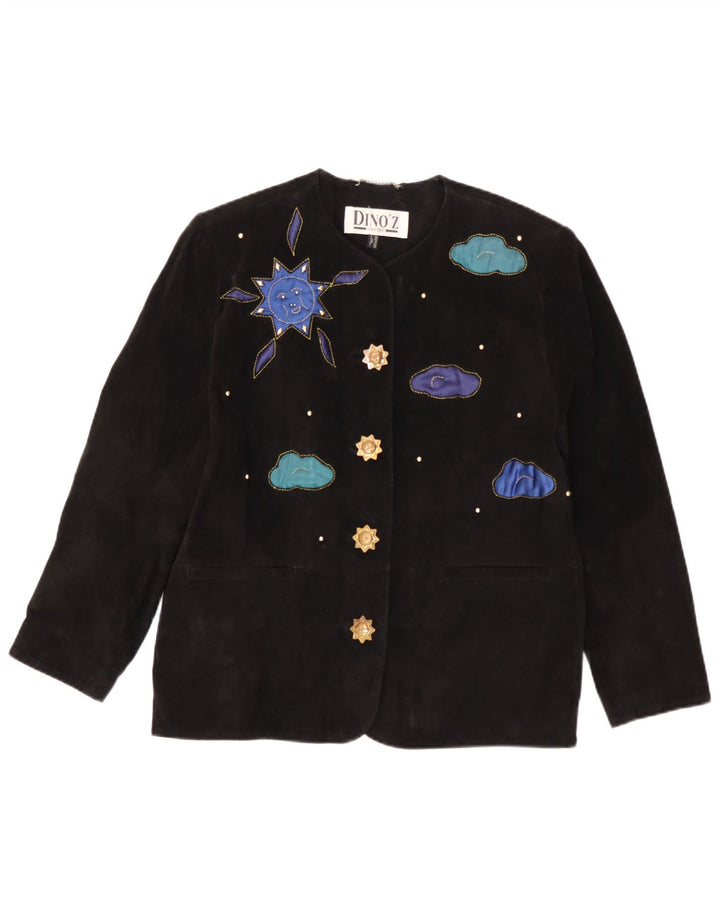 DINO' Z Chaqueta Blazer de Ante con 4 Botones para Mujer UK 44 Cuero Negro Mediano
