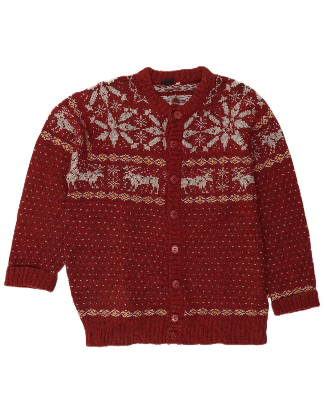 VINTAGE Hombres Cardigan Suéter Grande Borgoña Fair Isle Lana