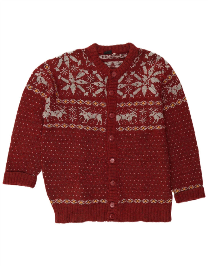 VINTAGE Hombres Cardigan Suéter Grande Borgoña Fair Isle Lana