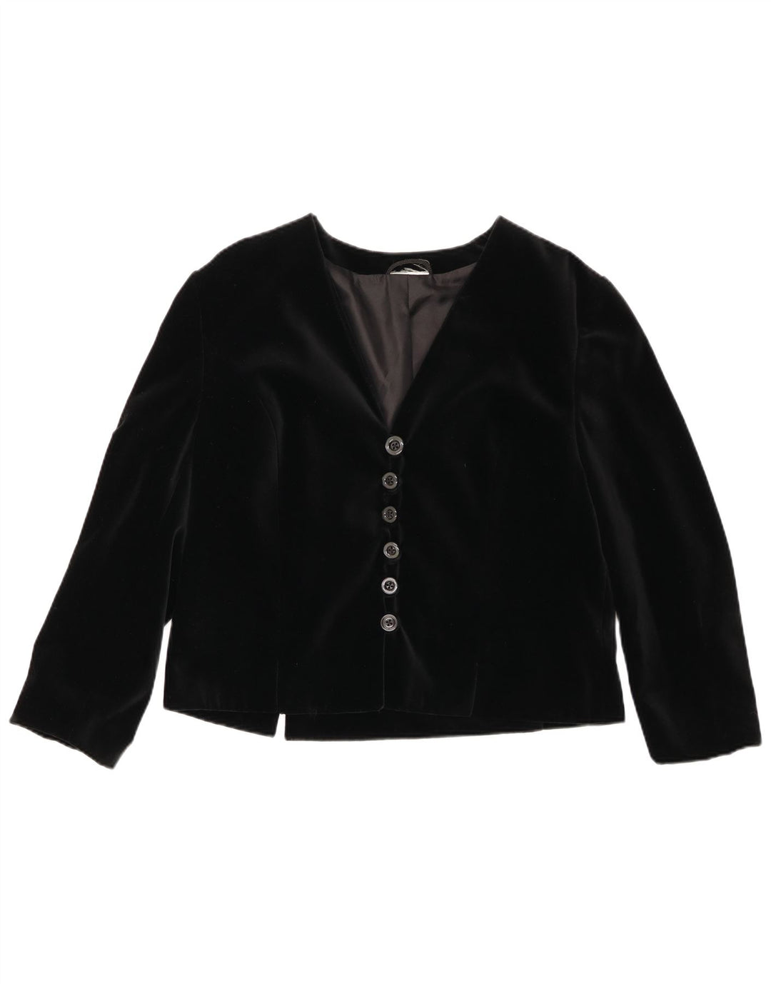 Vintage mujer terciopelo 6 botón Blazer chaqueta Reino Unido 14 algodón negro medio