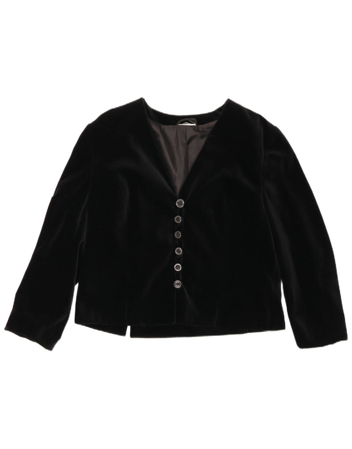 Vintage mujer terciopelo 6 botón Blazer chaqueta Reino Unido 14 algodón negro medio