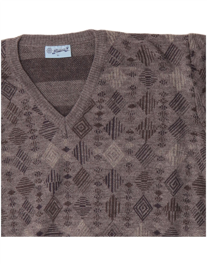 VINTAGE Jersey con cuello en V para hombre XL Gris Geométrico