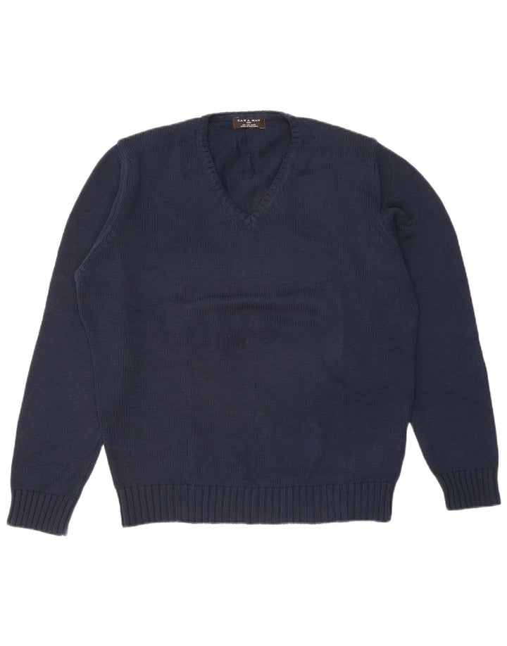 Zara Hombre Jersey Con Cuello En V Jersey Grande Azul Marino Algodón