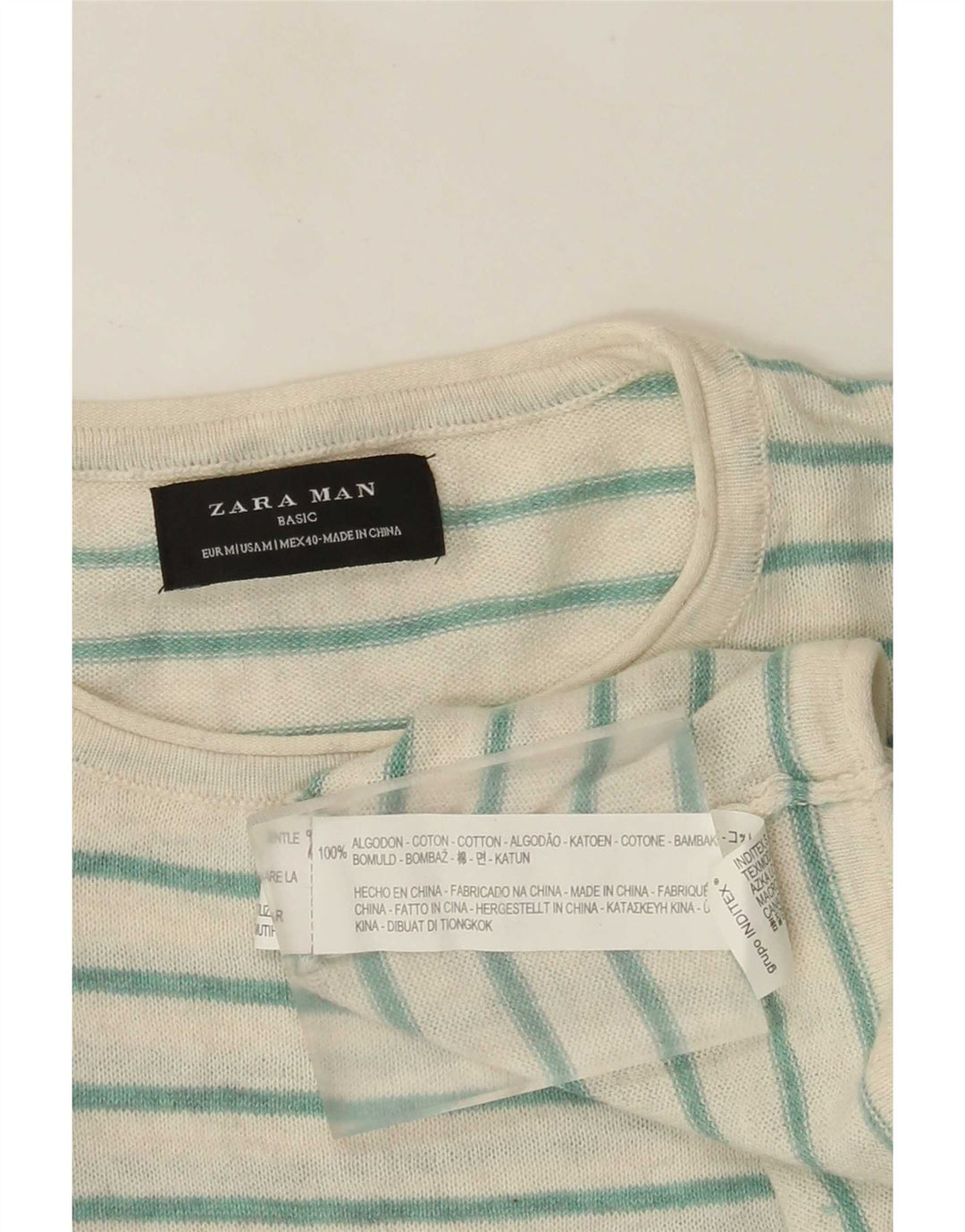 Zara Hombre Jersey Cuello Redondo Algodón Rayas Verde Medio