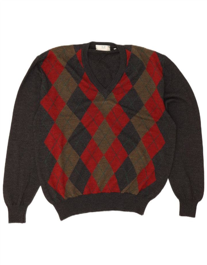 Vintage hombres V-cuello jumper suéter IT 50 gris medio Argyle/Diamond