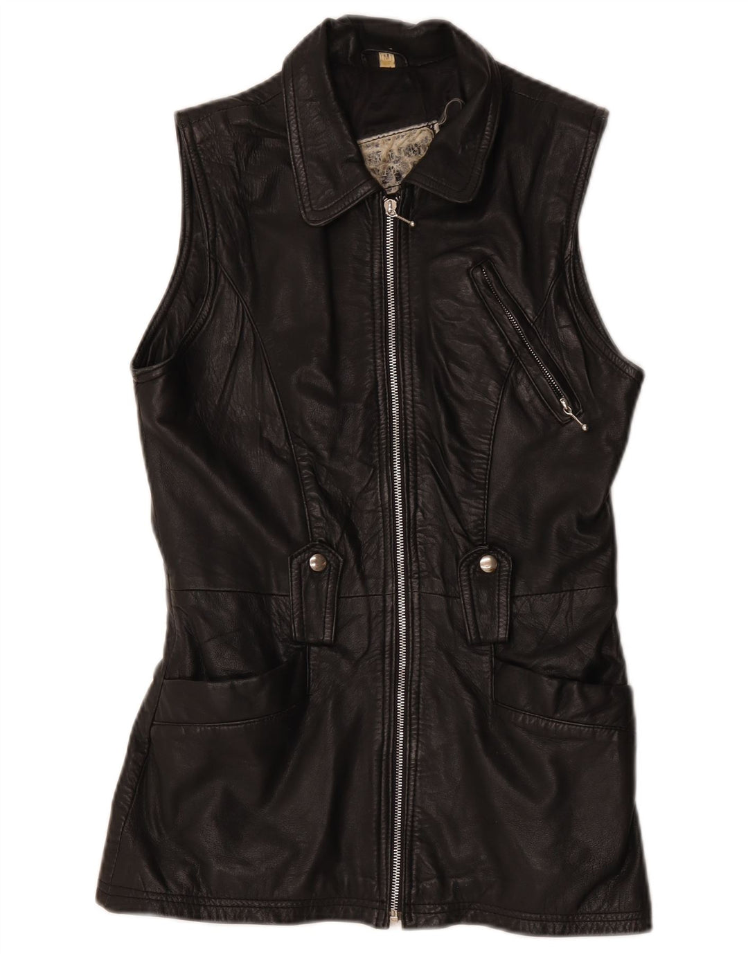 Vintage mujer cuero Gilet Reino Unido 12 Medio Negro