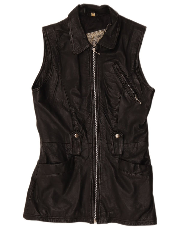 Vintage mujer cuero Gilet Reino Unido 12 Medio Negro