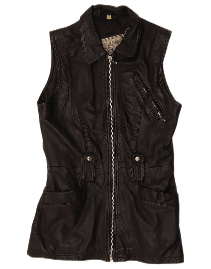Vintage mujer cuero Gilet Reino Unido 12 Medio Negro