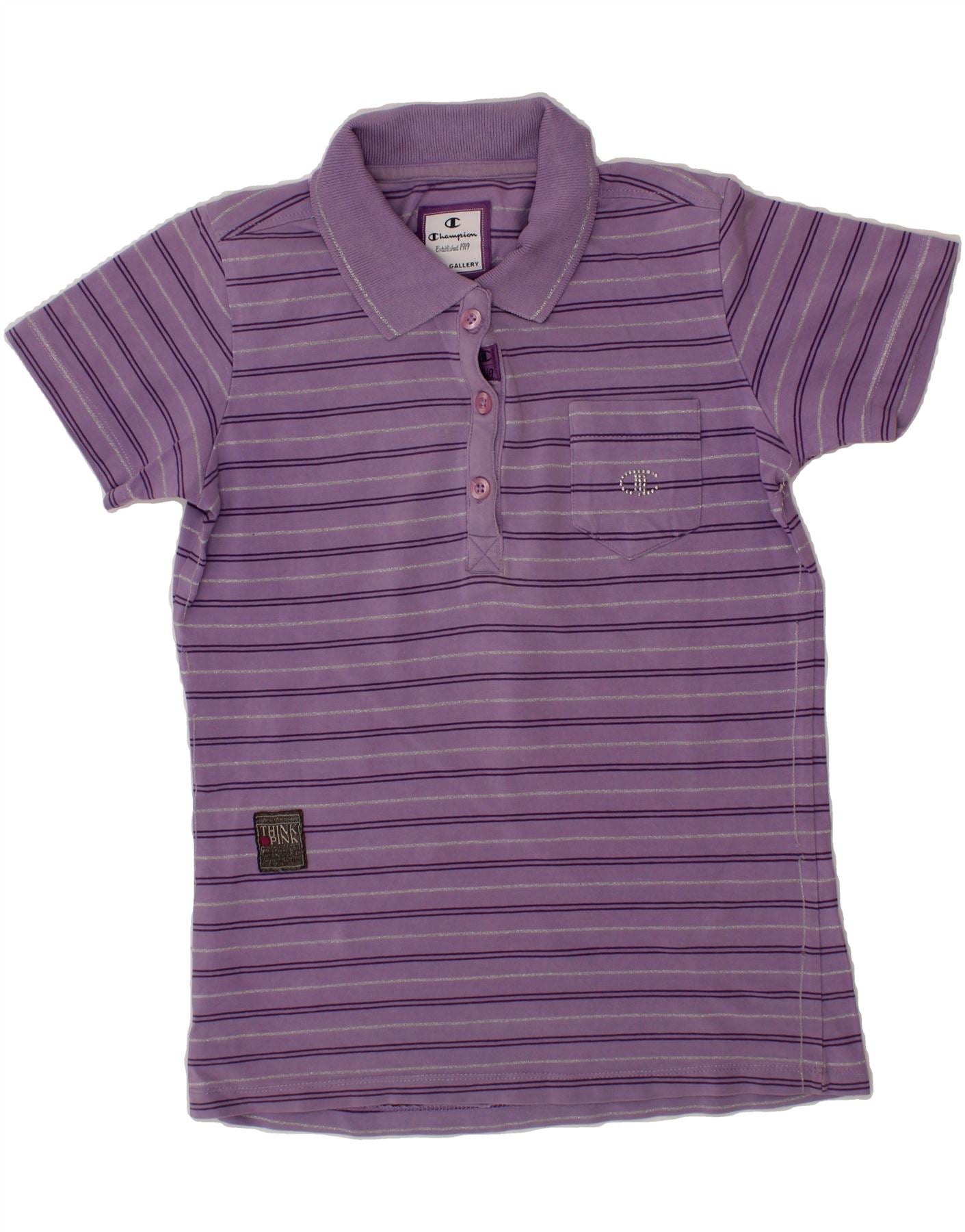 THINK PINK Girls Polo Shirt 11-12 Years Large  Purple Striped Vintage Think Pink and Second-Hand Think Pink from Messina Hembry 