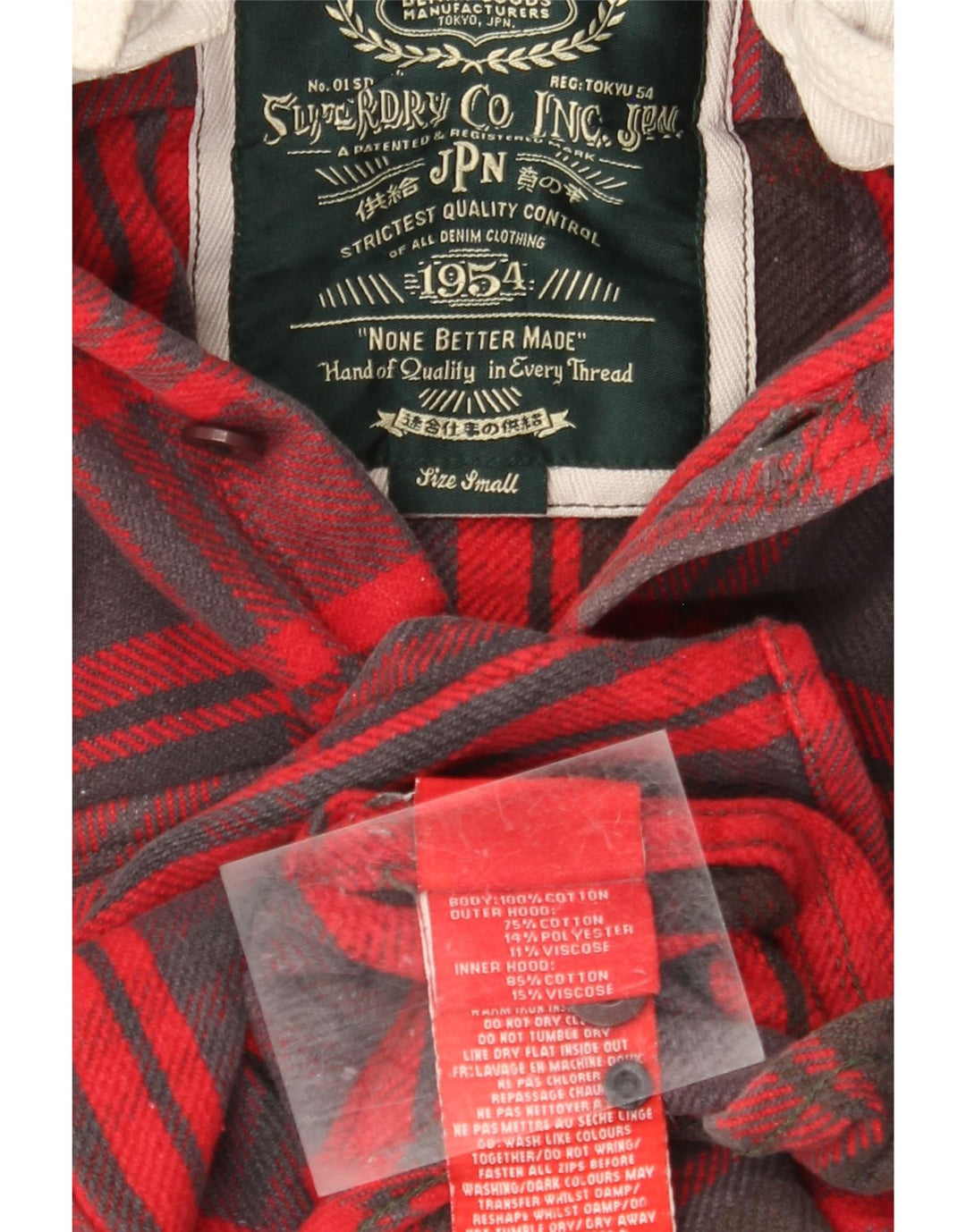 SUPERDRY Hombre Camisa de franela con capucha de algodón a cuadros rojos pequeños