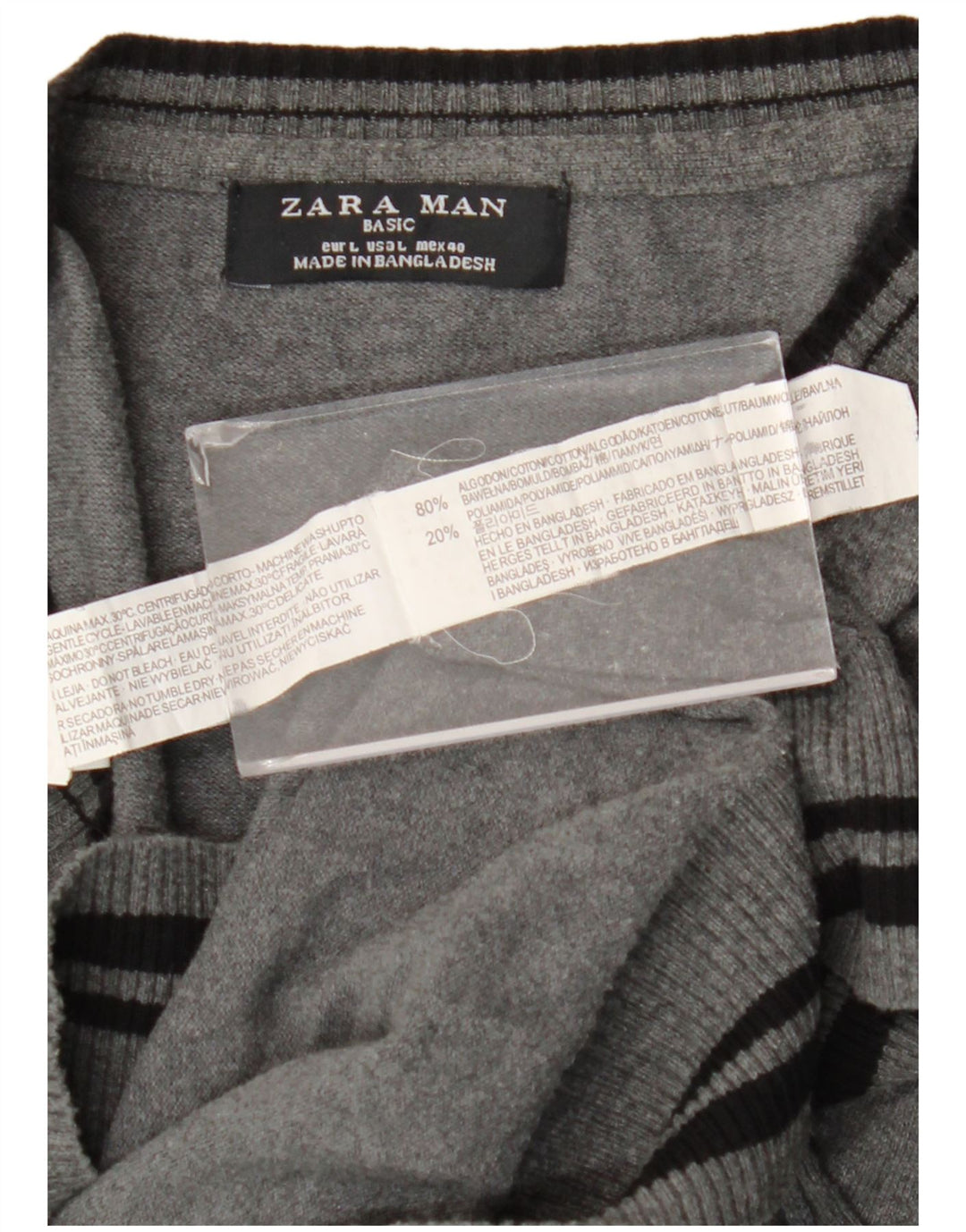 Zara Hombre Jersey Con Cuello En V Jersey Grande De Algodón A Rayas Gris