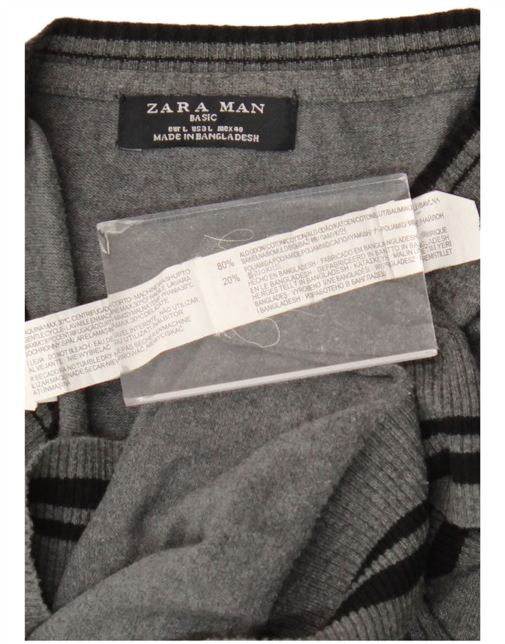 Zara Hombre Jersey Con Cuello En V Jersey Grande De Algodón A Rayas Gris