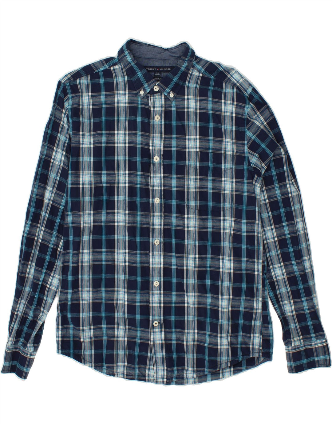 TOMMY HILFIGER Mens Custom Fit Shirt Large Navy Blue Check Cotton Vintage Tommy Hilfiger and Second-Hand Tommy Hilfiger from Messina Hembry 