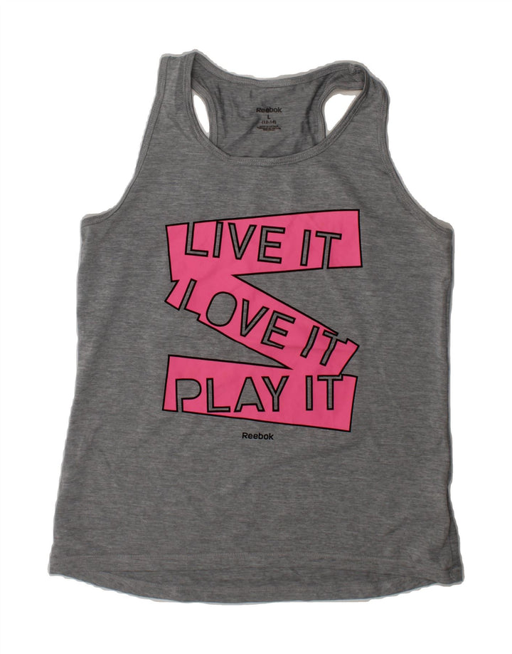 REEBOK Girls Graphic Vest Top 12-13 Years Large Grey Polyester Vintage Reebok and Second-Hand Reebok from Messina Hembry 
