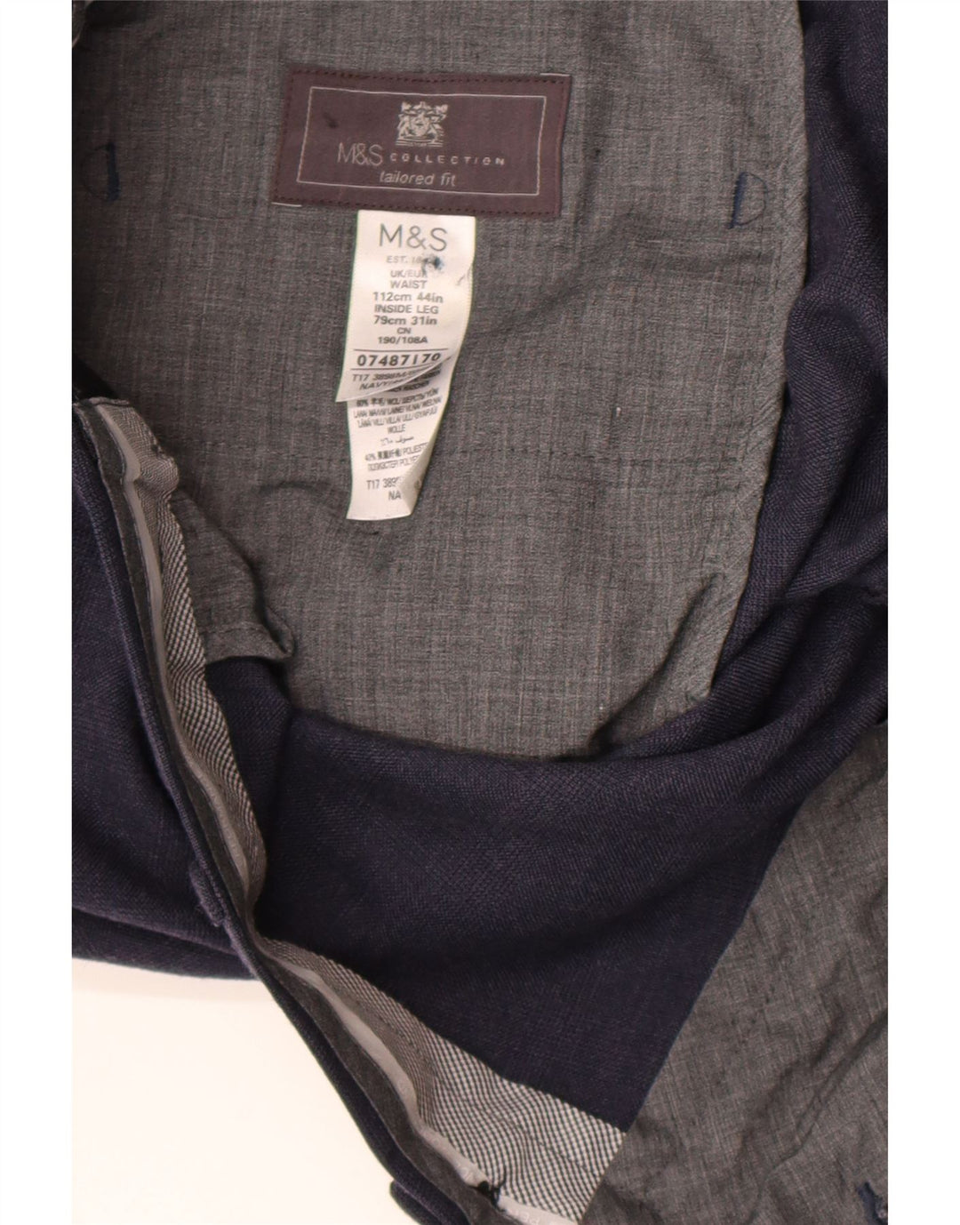 Marks & Spencer Pantalón de traje de corte regular para hombre W44 L31 Lana azul marino