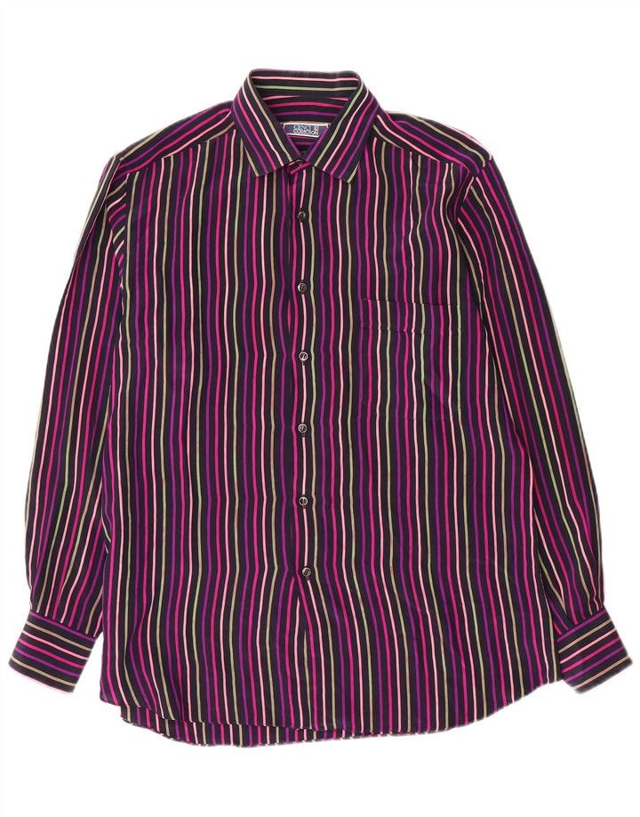 VINTAGE Camisa de hombre Talla 39 15 1/2 Seda a rayas multicolor mediana