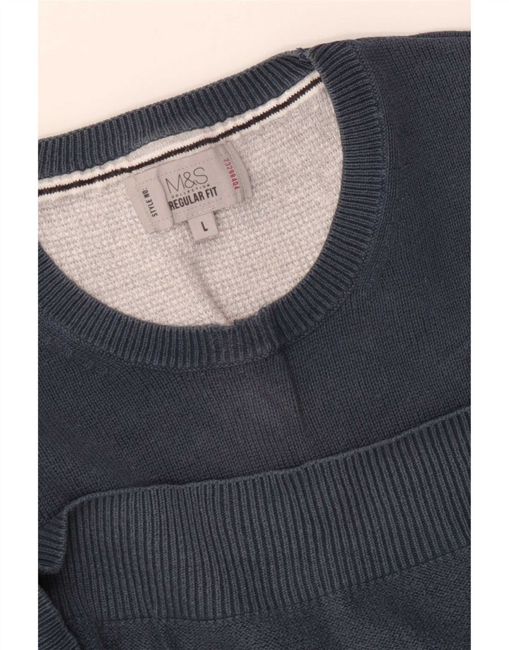 Marks & Spencer Suéter tipo jersey con cuello redondo y corte regular para hombre, talla grande, azul marino