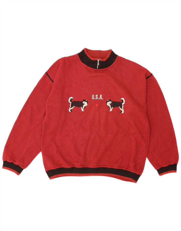 Vintage hombres sudadera gráfica jumper medio rojo colorblock algodón