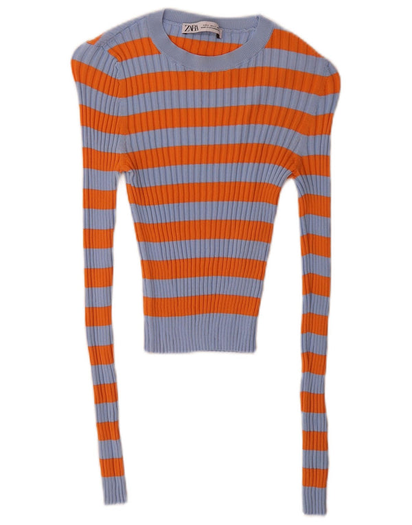 Zara Mujer Crop Boat Neck Jumper Sweater UK 10 Small Naranja Rayas