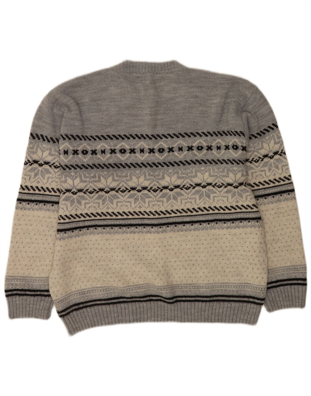 Vintage hombres cuello redondo jersey suéter medio gris Fair Isle acrílico