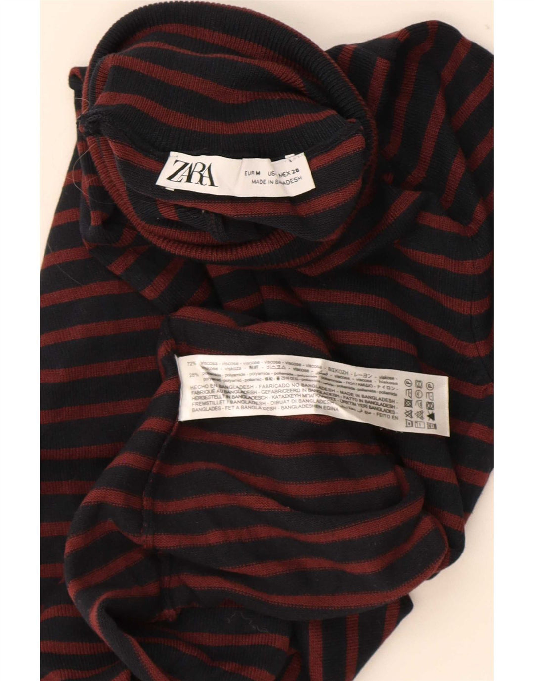 Zara Mujer Top Manga Larga UK 42 Medio Azul Marino Rayas Viscosa