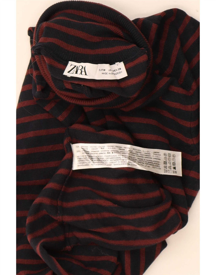 Zara Mujer Top Manga Larga UK 42 Medio Azul Marino Rayas Viscosa