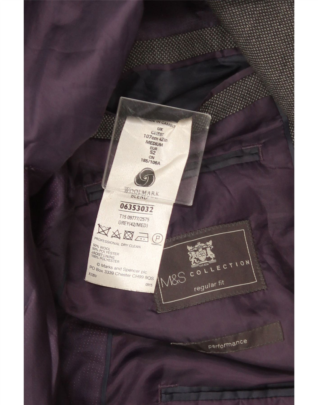 Marks & Spencer Chaqueta tipo blazer de corte regular con 2 botones para hombre UK 42 Large Grey