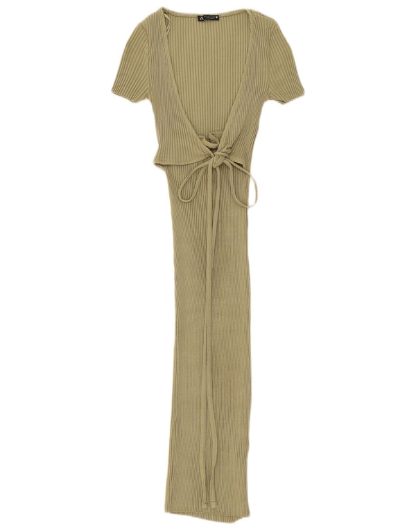 Zara Mujer Maxi Vestido UK 8 Pequeño Algodón Caqui
