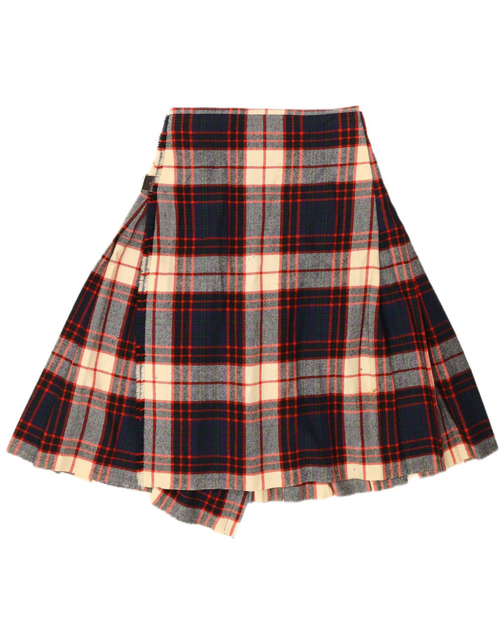 Vintage mujer Kilted Wrap falda W26 pequeño azul marino cuadros