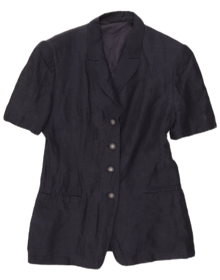 Vintage mujer manga corta 4 botón Blazer chaqueta Reino Unido 16 grande azul marino