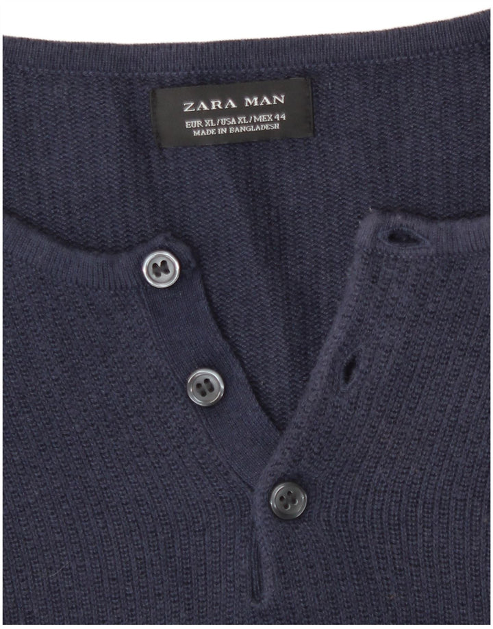 Zara Hombre Jersey De Cuello Con Botones XL Azul Marino