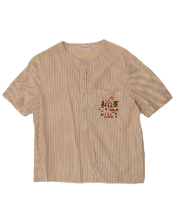 Maurice Abot Blusa de manga corta para mujer UK 44 Medium Beige Pinstripe