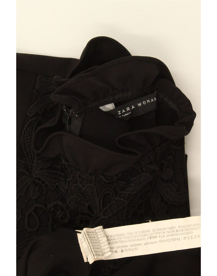 ZARA Mujer Vestido Acampanado UK 40 Pequeño Poliéster Floral Negro