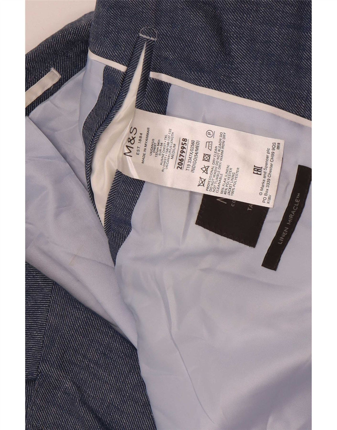 Marks & Spencer Chaqueta tipo blazer de 2 botones para hombre UK 54 7XL Azul Lino Clásico