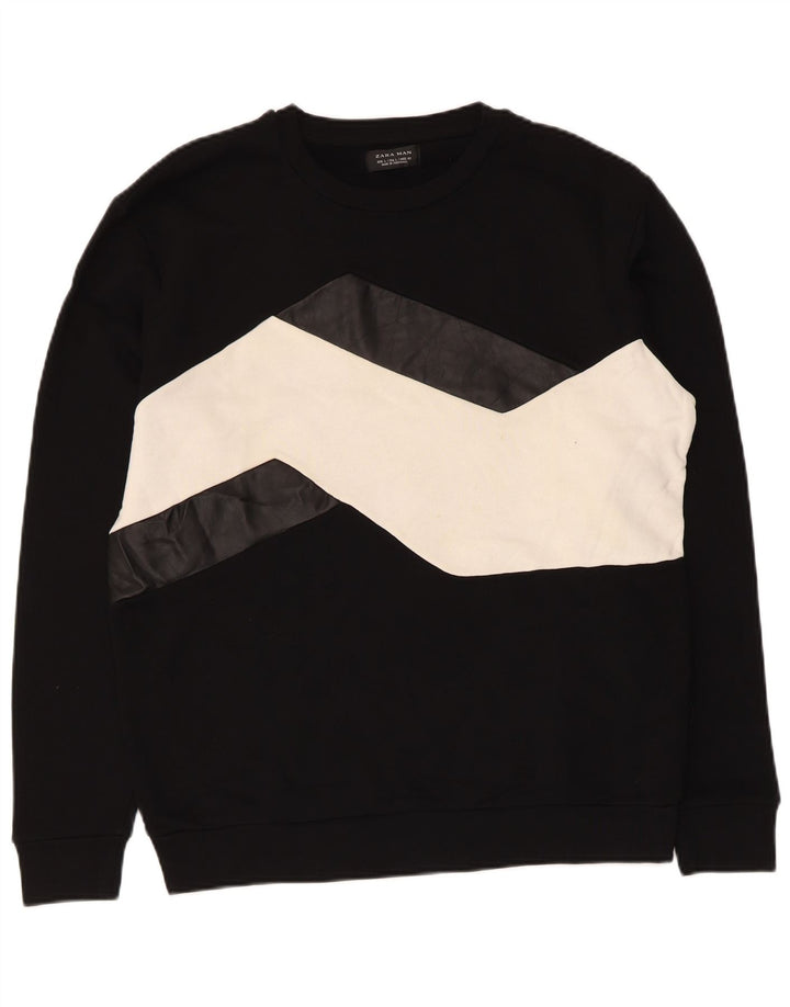 Zara Hombre Sudadera Jumper Large Negro Colorblock Algodón