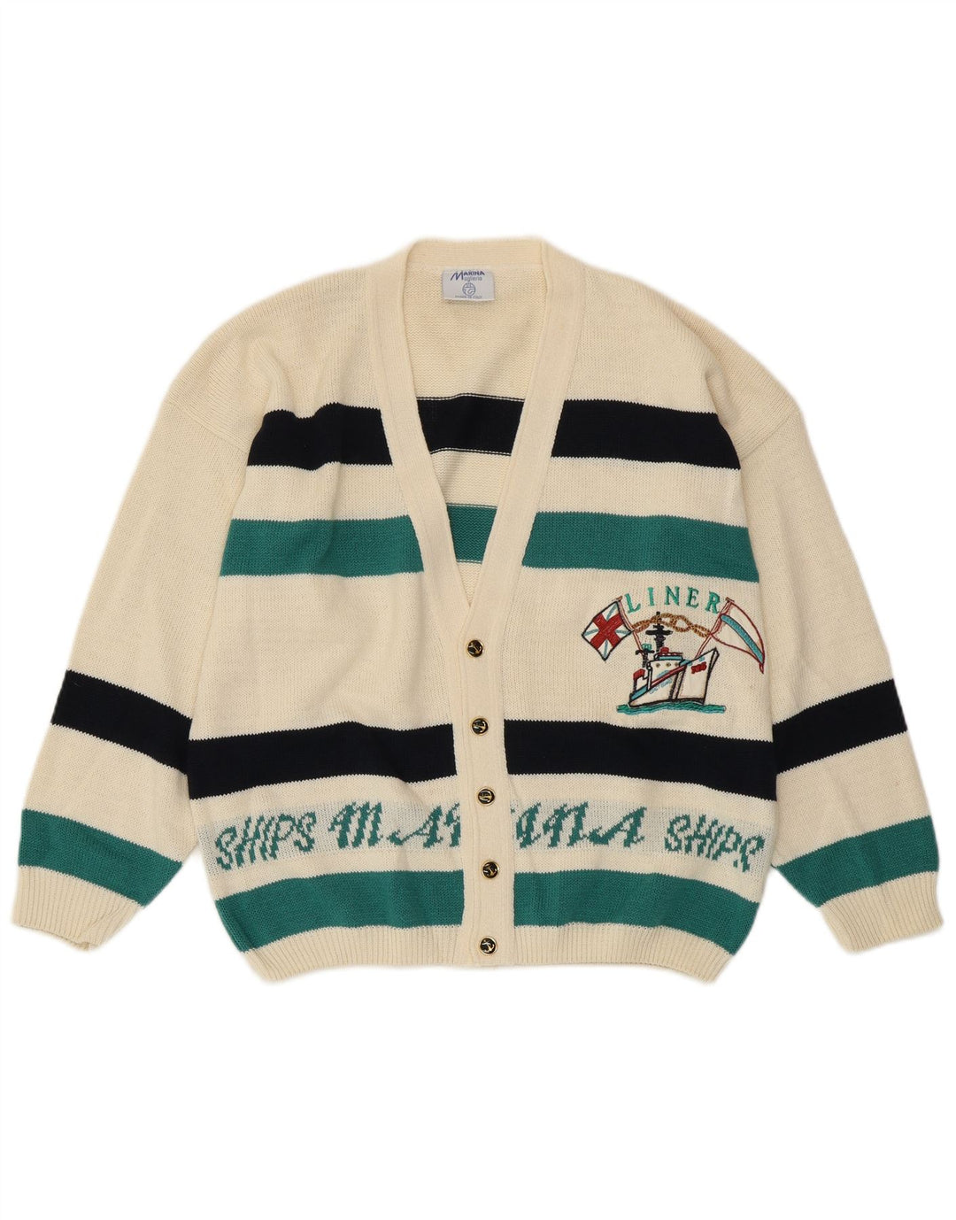 VINTAGE Hombres Yachting Graphic Cardigan Suéter Pequeño De Rayas Blancas