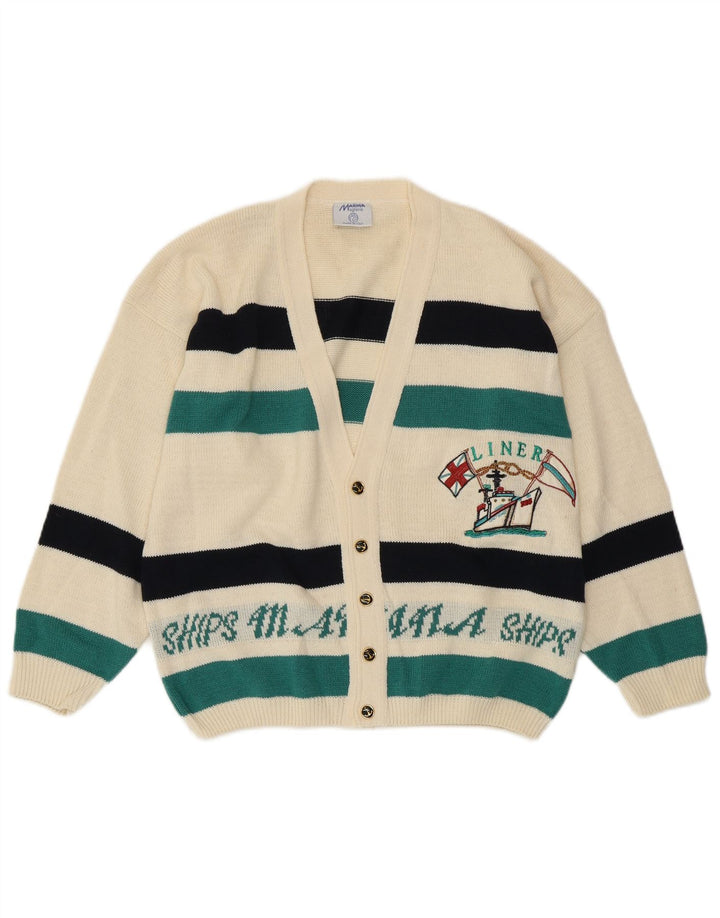 VINTAGE Hombres Yachting Graphic Cardigan Suéter Pequeño De Rayas Blancas
