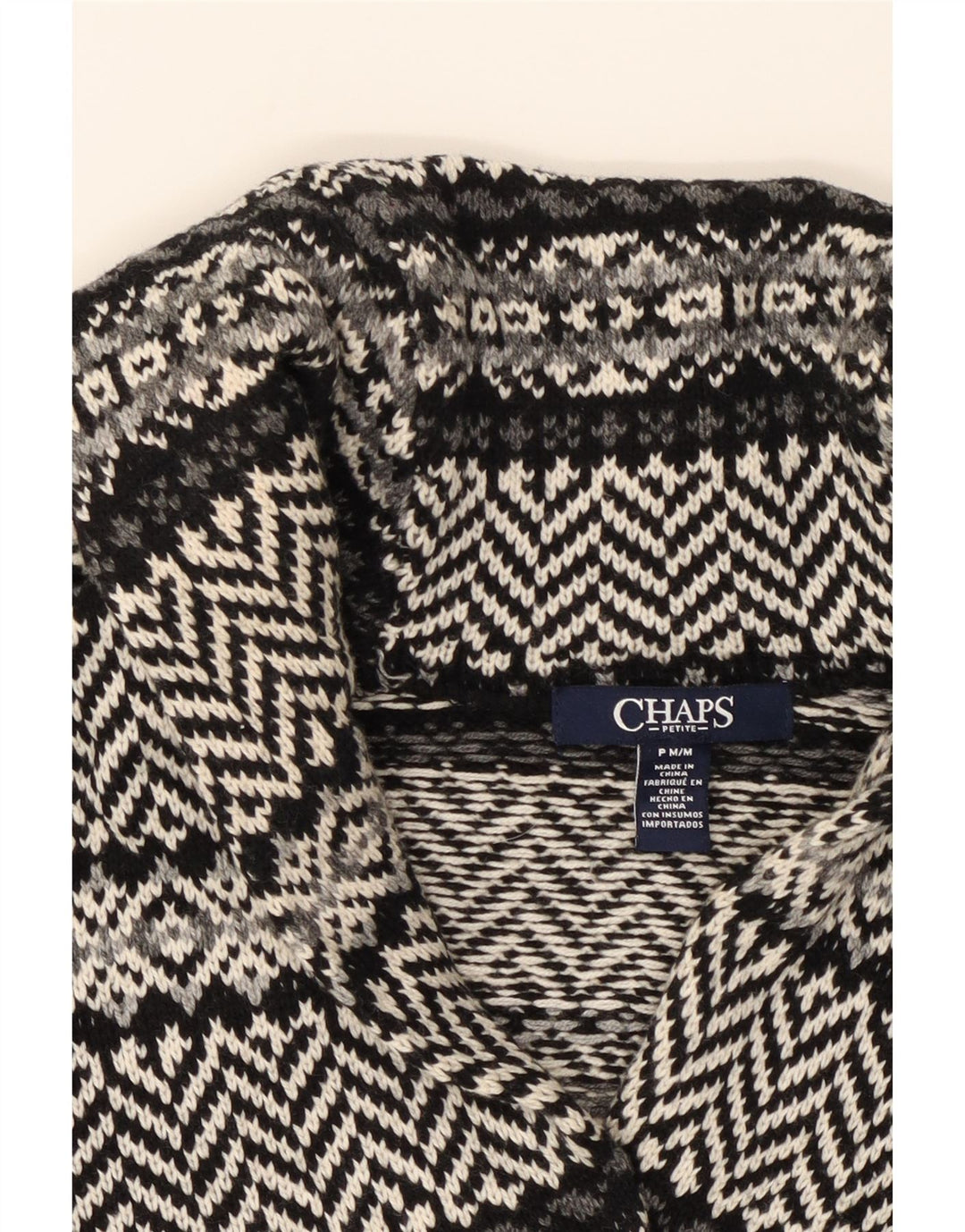 CHAPS Womens Cardigan Sweater UK 14 Medium Black Fair Isle Cotton Vintage Chaps and Second-Hand Chaps from Messina Hembry 