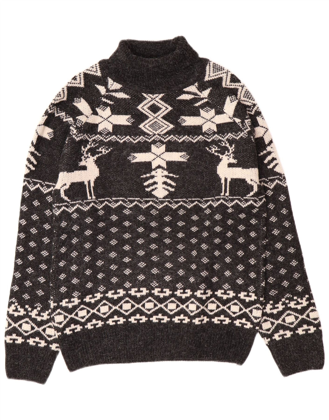 Aton Suéter tipo jersey con cuello alto para hombre, talla mediana, color negro, Fair Isle, Navidad