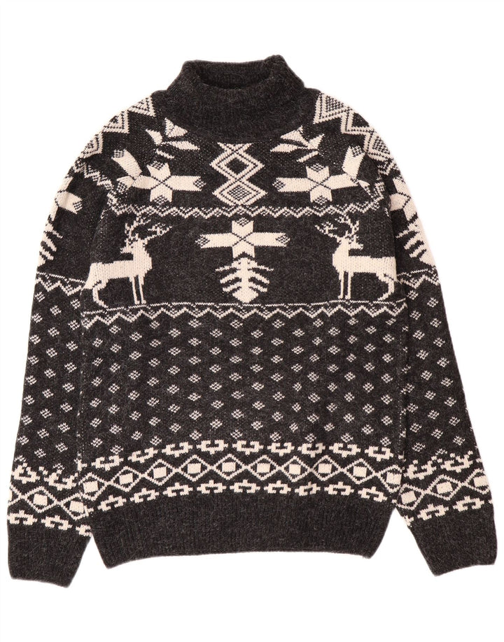 Aton Suéter tipo jersey con cuello alto para hombre, talla mediana, color negro, Fair Isle, Navidad