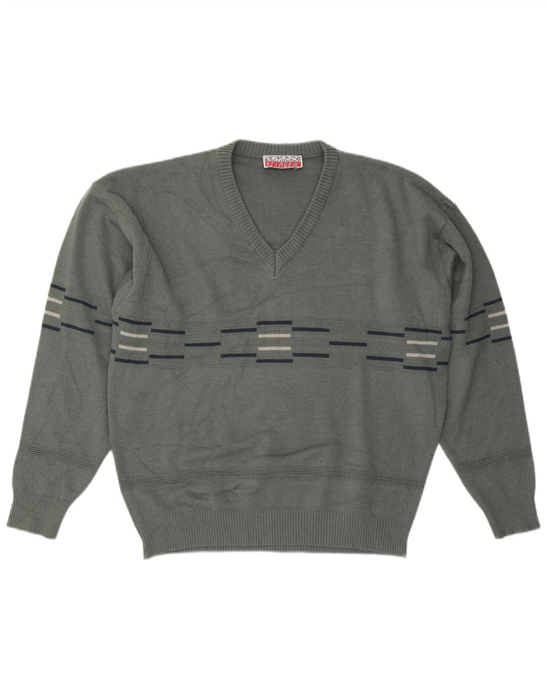 VINTAGE Hombres V-Cuello Jumper Suéter Grande Gris Rayas