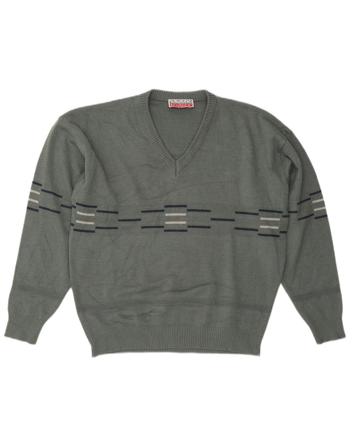 VINTAGE Hombres V-Cuello Jumper Suéter Grande Gris Rayas