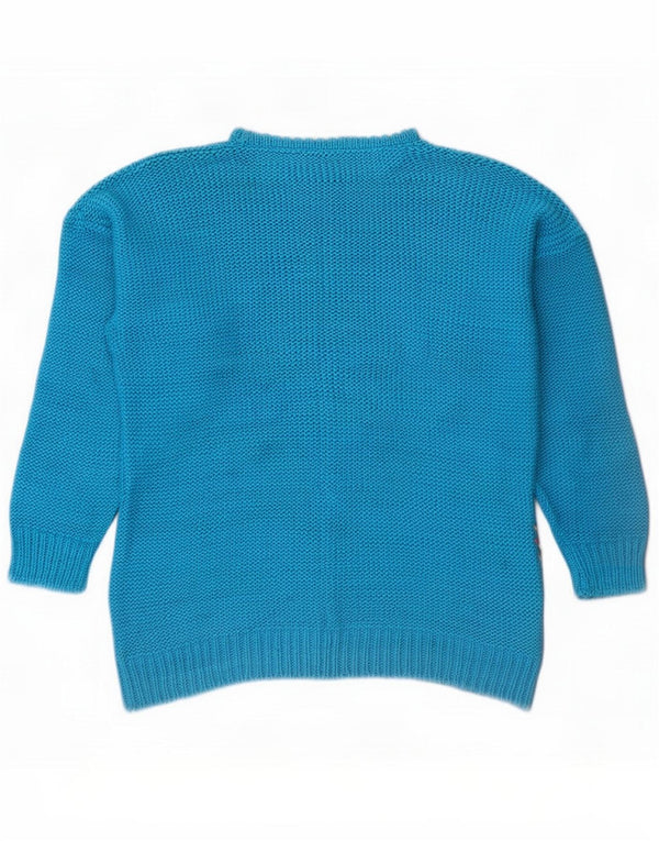 Vintage mujer barco cuello jumper suéter Reino Unido 14 algodón geométrico azul medio